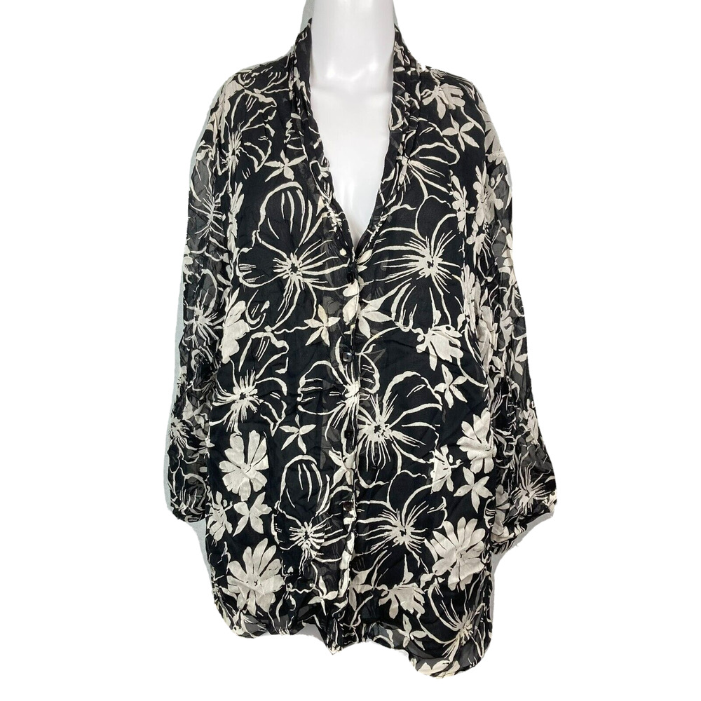 Avenue Shirt Womens Sz‎ 26 28 Black White Floral Top Lightweight Crepe Button UP